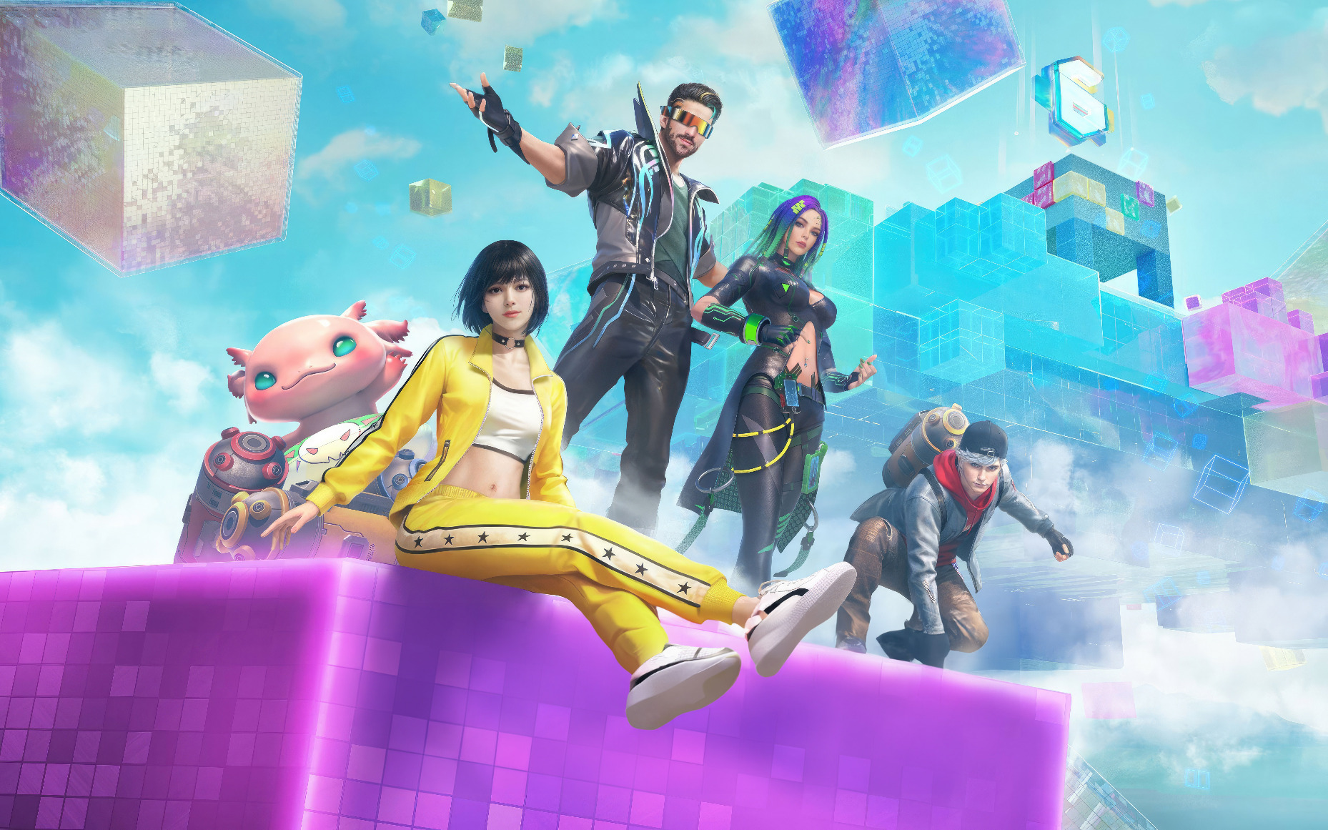 Squad de Free Fire sobre plataformas de cristal