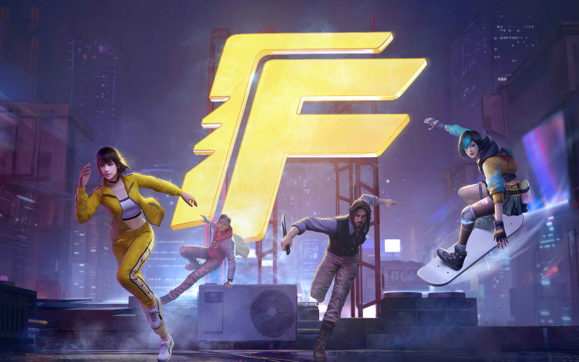 Equipo saltando frente al logo de Free Fire